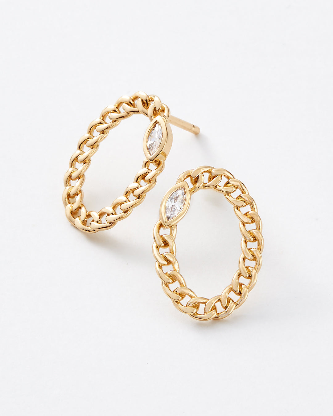 Gold chain-link hoop earrings with marquise-cut clear gemstones, shown on a clean white background.