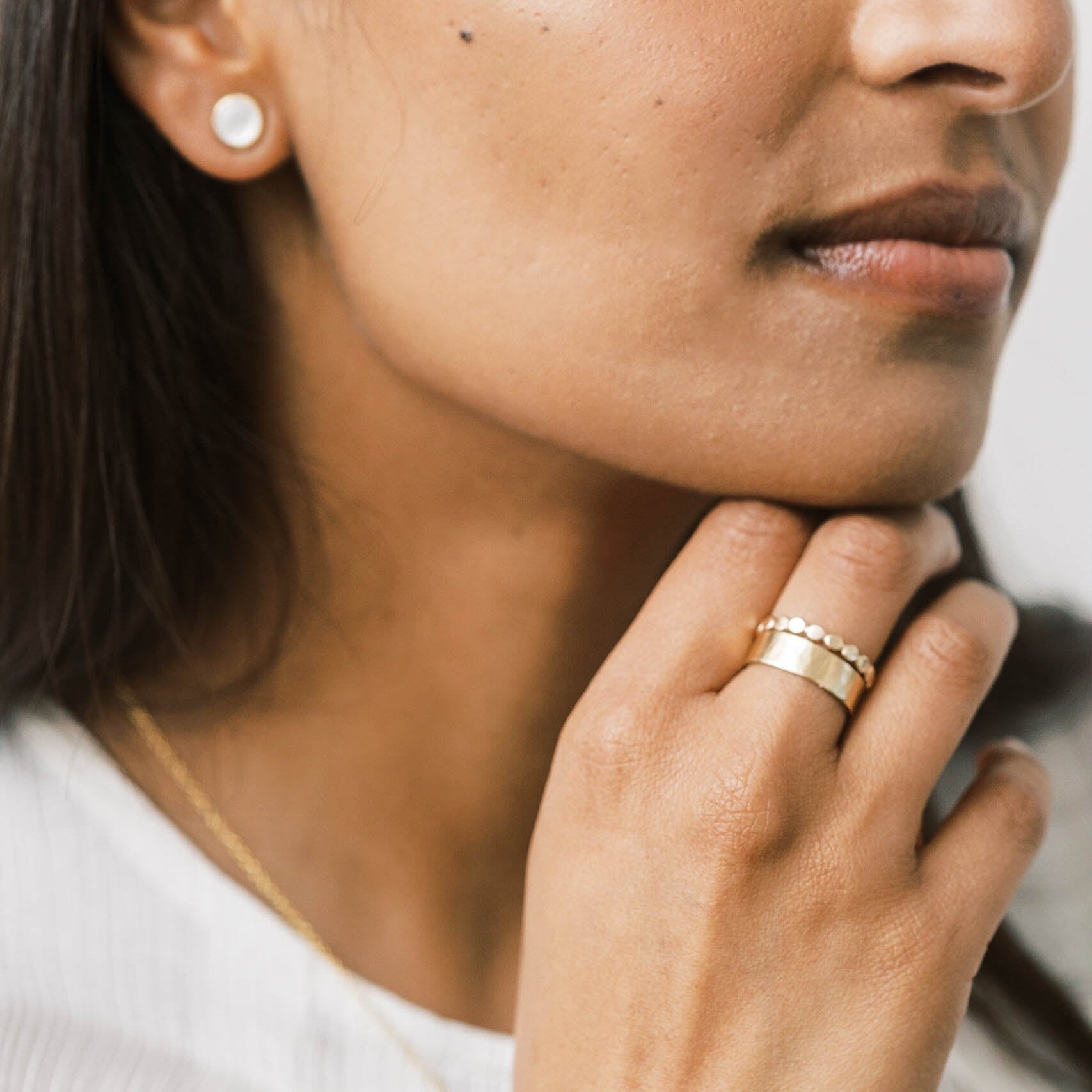 Stackable beaded pattern ring with a simple gold band. Rings made with recycled gold.