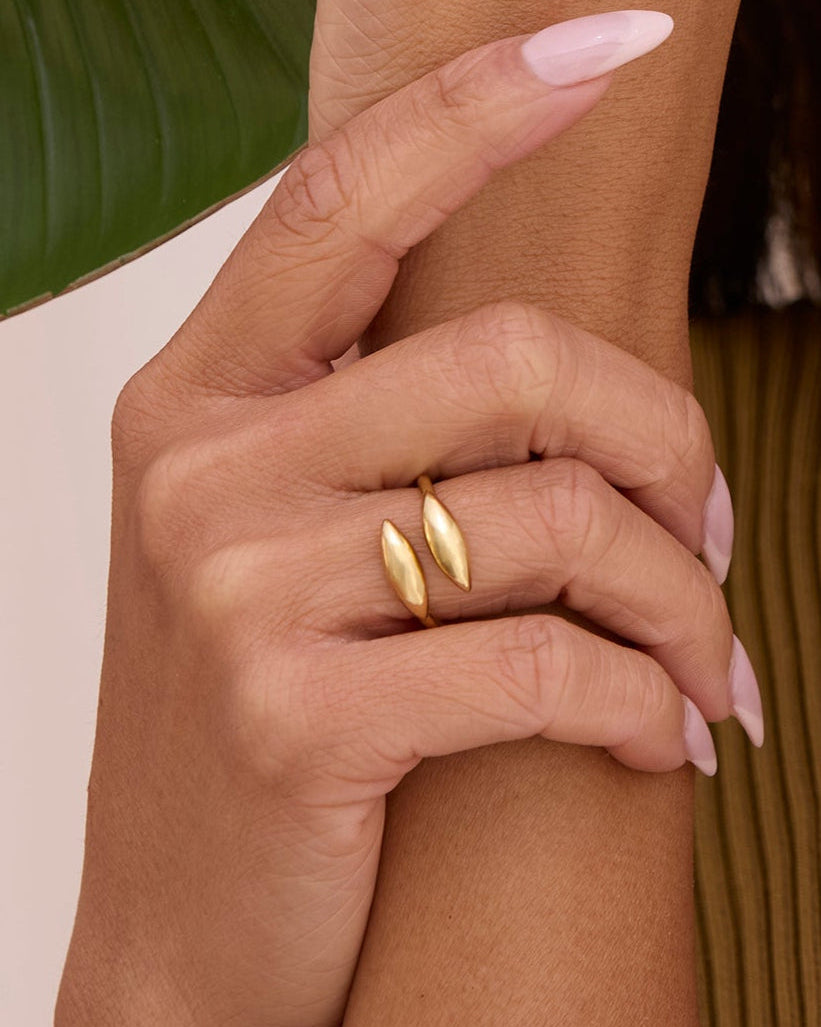 Gold wrap ring with two gold puffy petals.