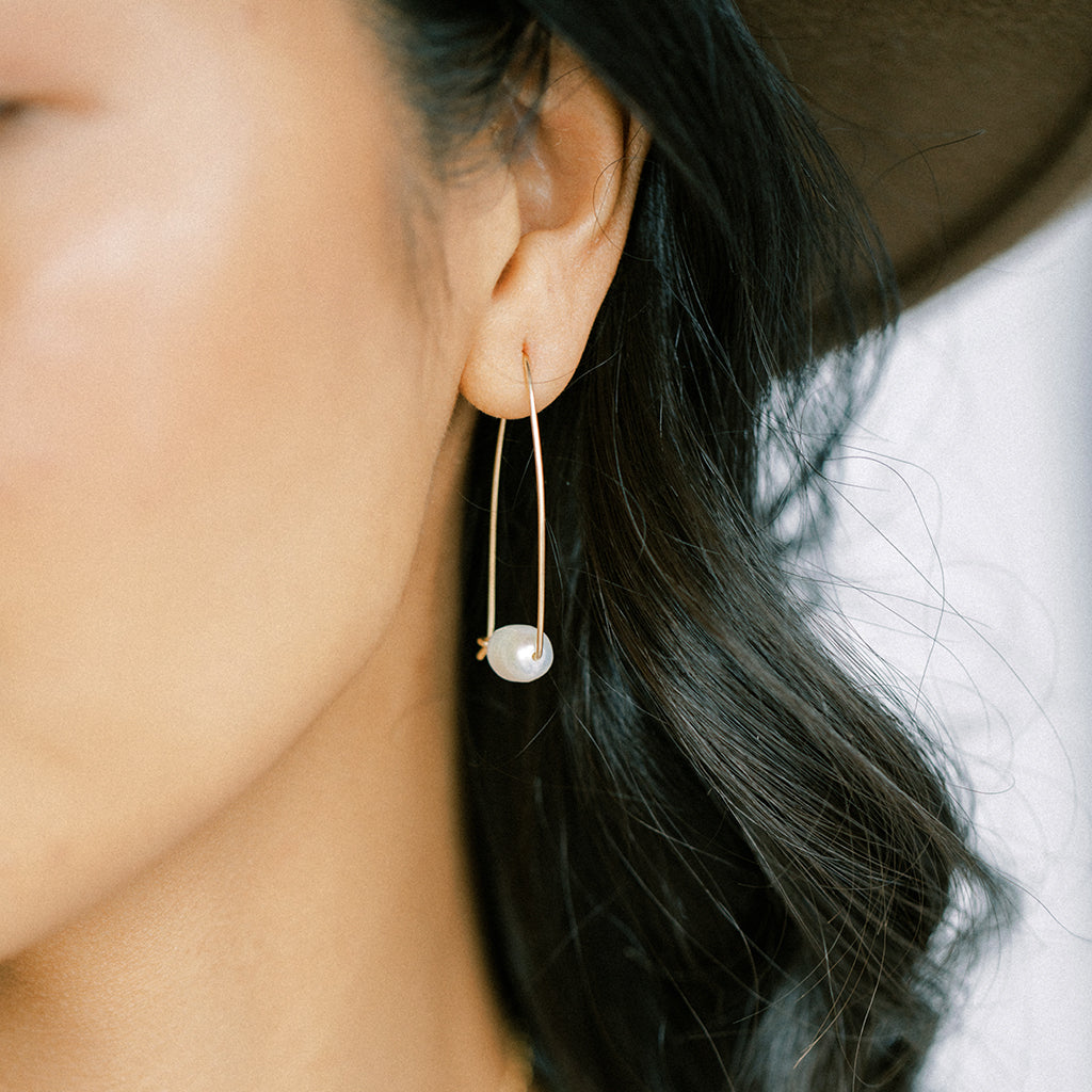 Gold Large Floating Pearl Hoop Earrings