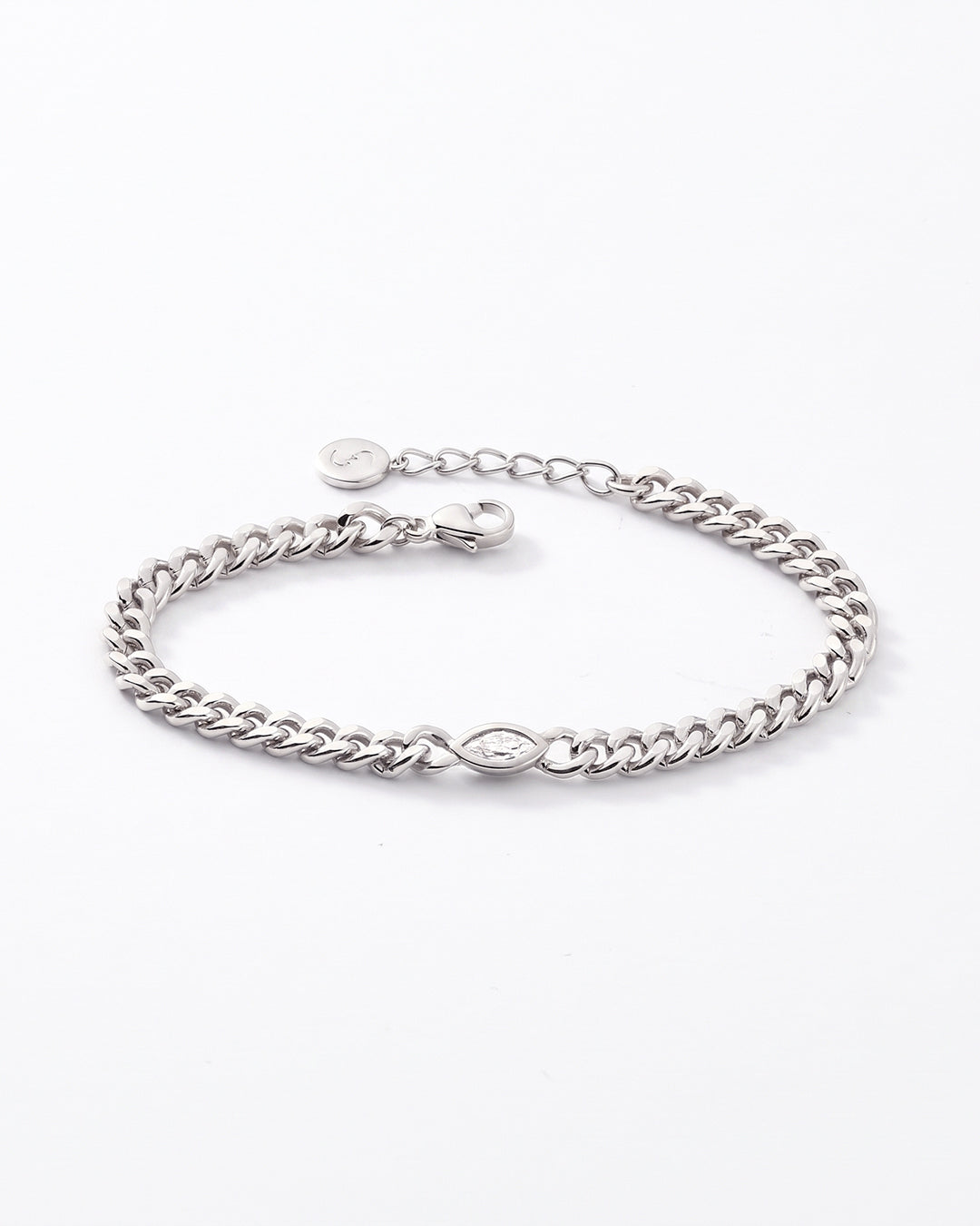 A silver-toned curb chain bracelet with a central petal-shaped link and an adjustable lobster clasp, displayed on a clean white background.