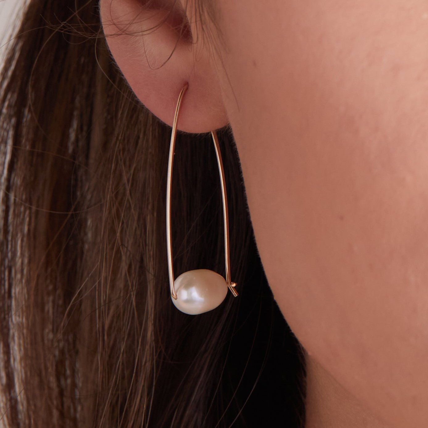 Gold Large Floating Pearl Hoop Earrings