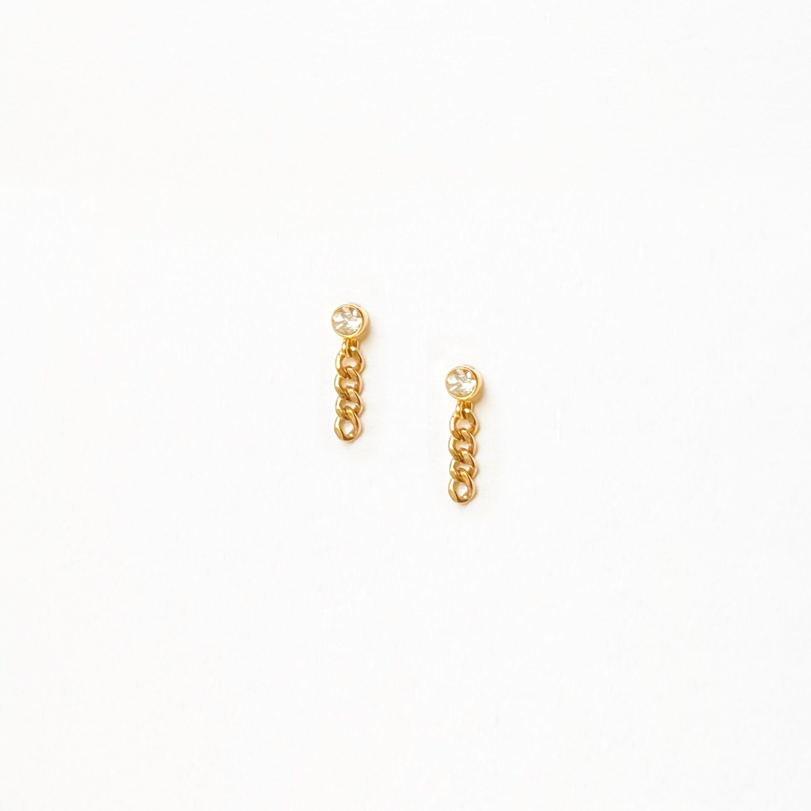 Gold Chain Drop Earrings with a White Gemstone