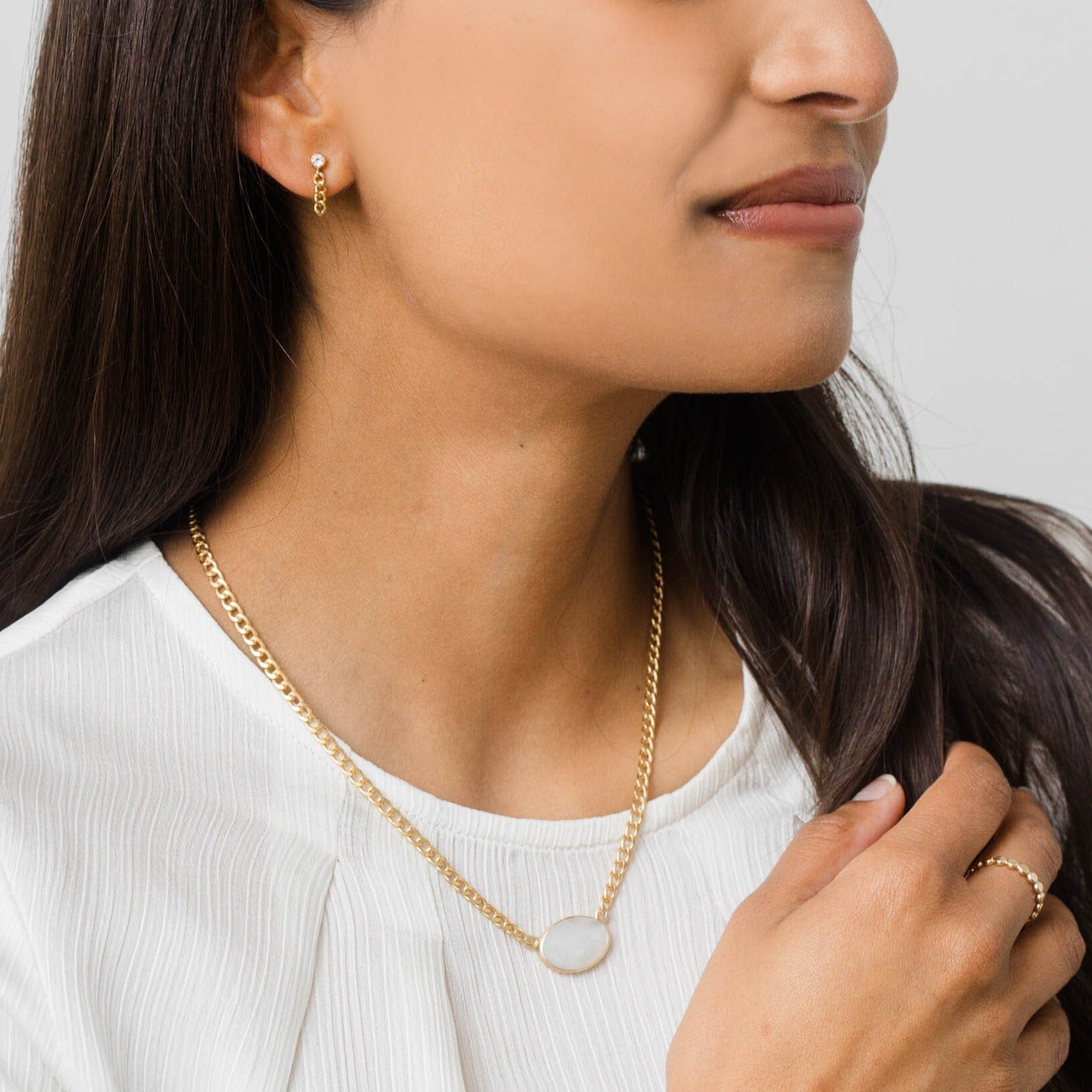 Everyday chain drop earrings with a genuine white topaz gemstone. Elegant, elevated chain earrings.