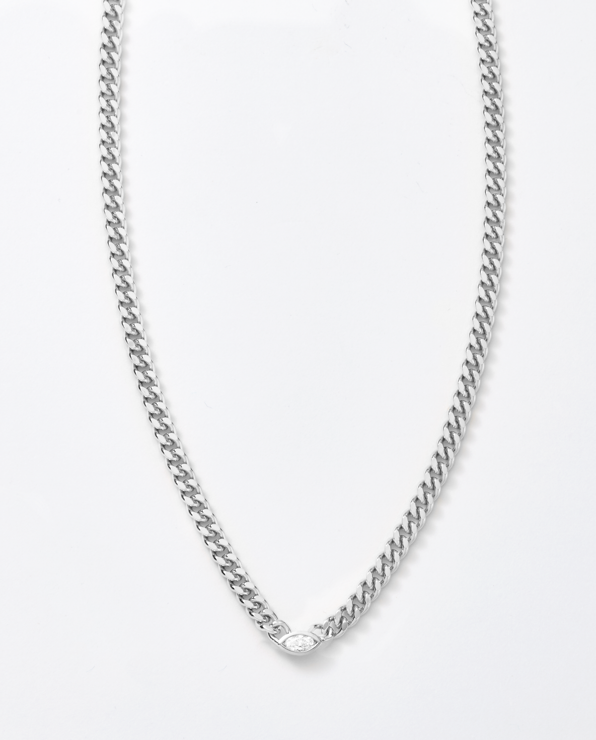 Cassia curb chain necklace in polished sterling silver with a marquise-shaped white cubic zirconia