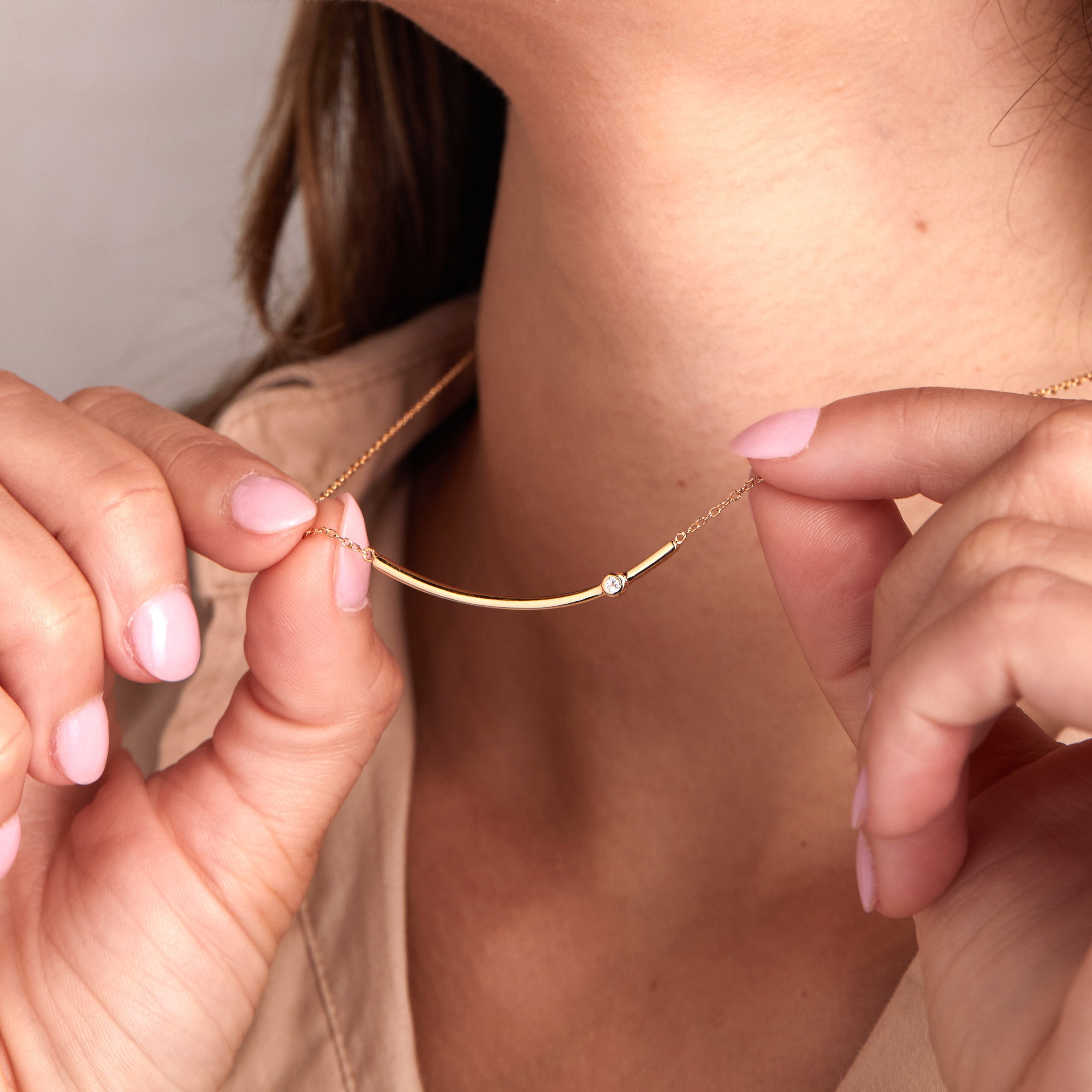 Gold Curved Bar Necklace with White Topaz