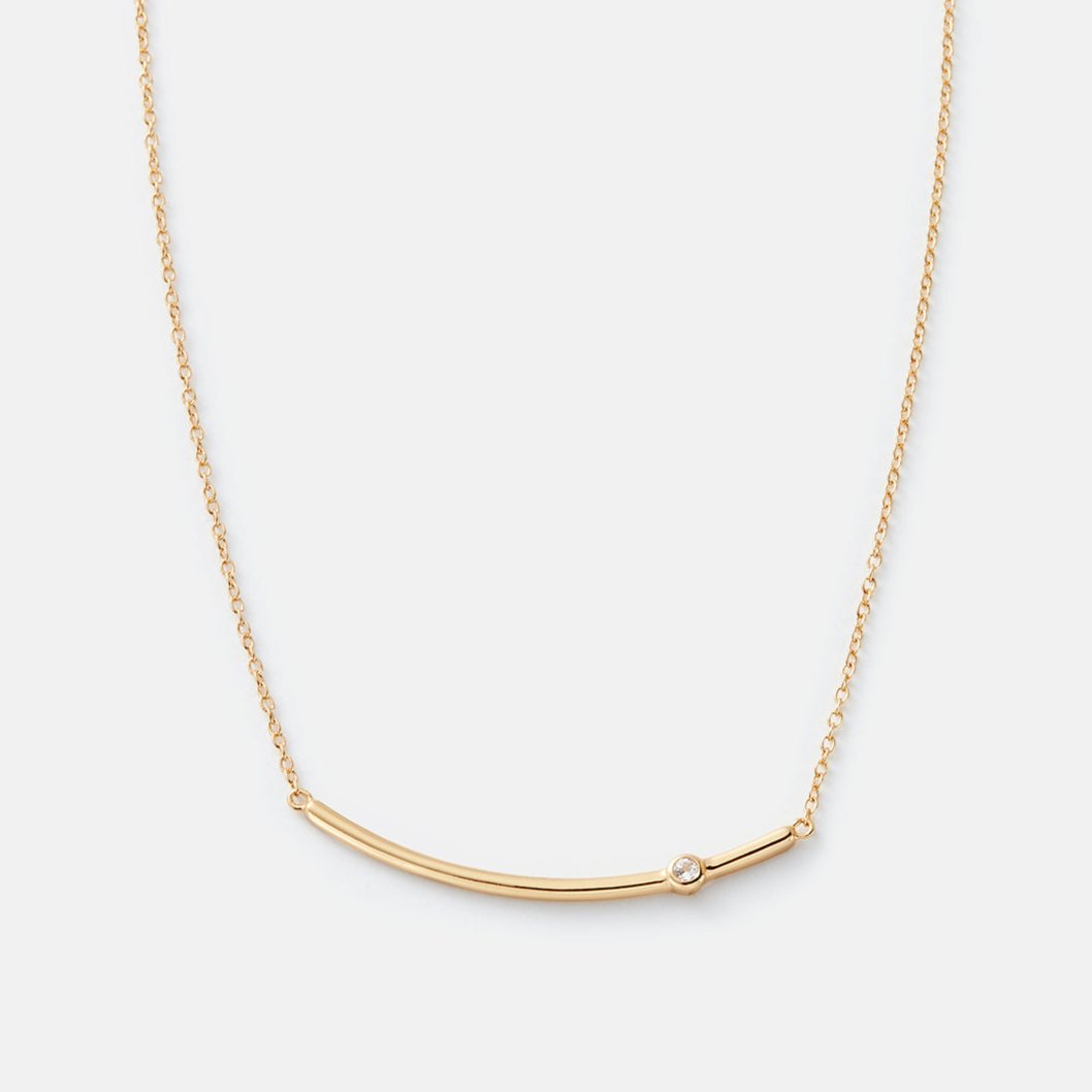 Gold Curved Bar Necklace with White Topaz