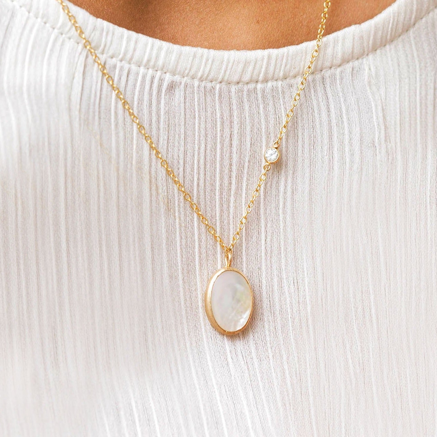Gold Small Oval Pearl Necklace with White Topaz Gemstone