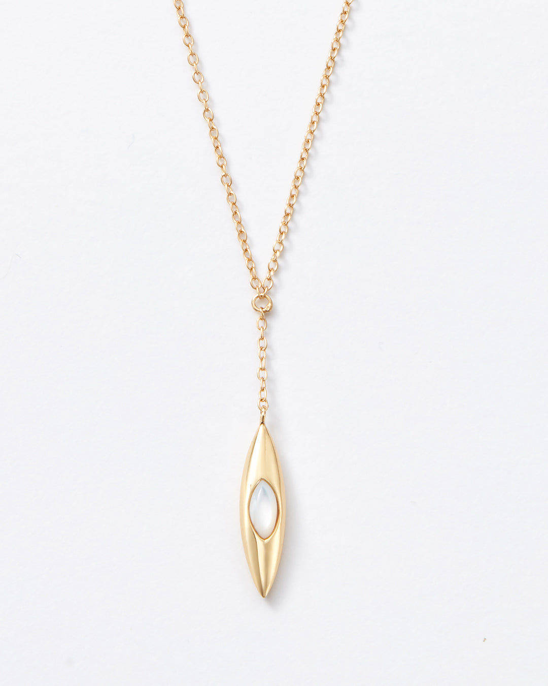 A gold chain necklace featuring a delicate drop pendant with a polished gold teardrop-shaped body and a central white inlay, displayed against a clean white background.