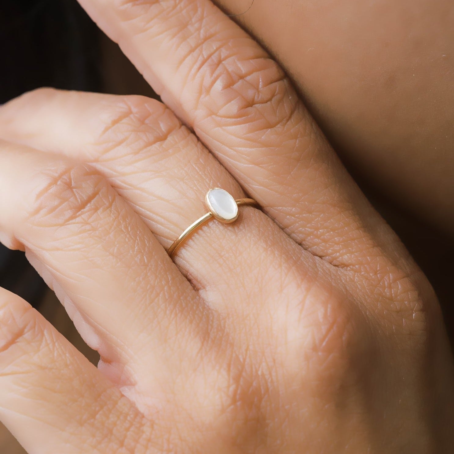 Dainty gold white oval pearl ring 