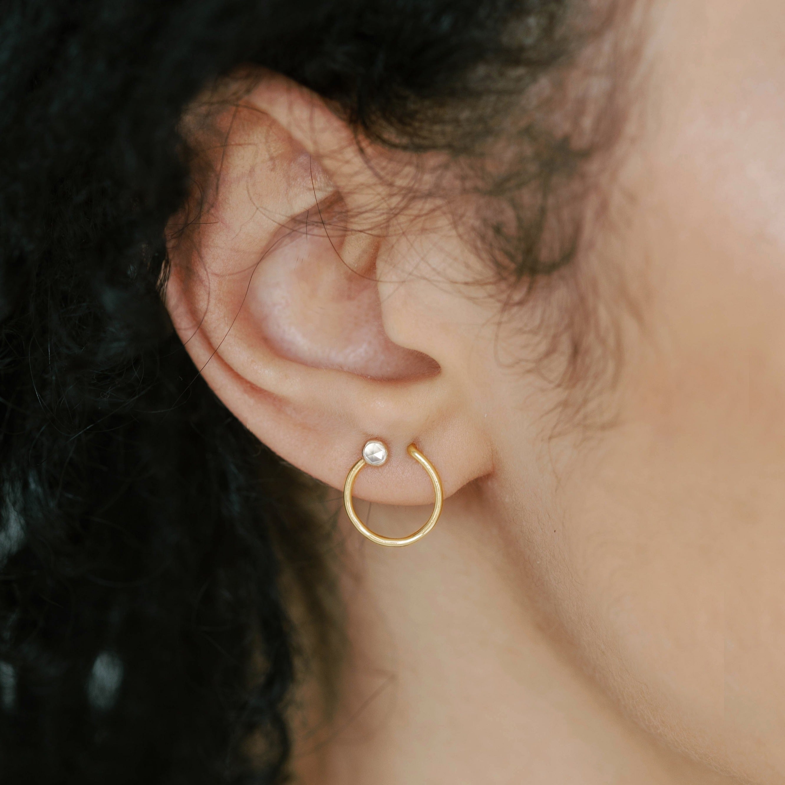 Recycled gold circle earrings with white topaz stone